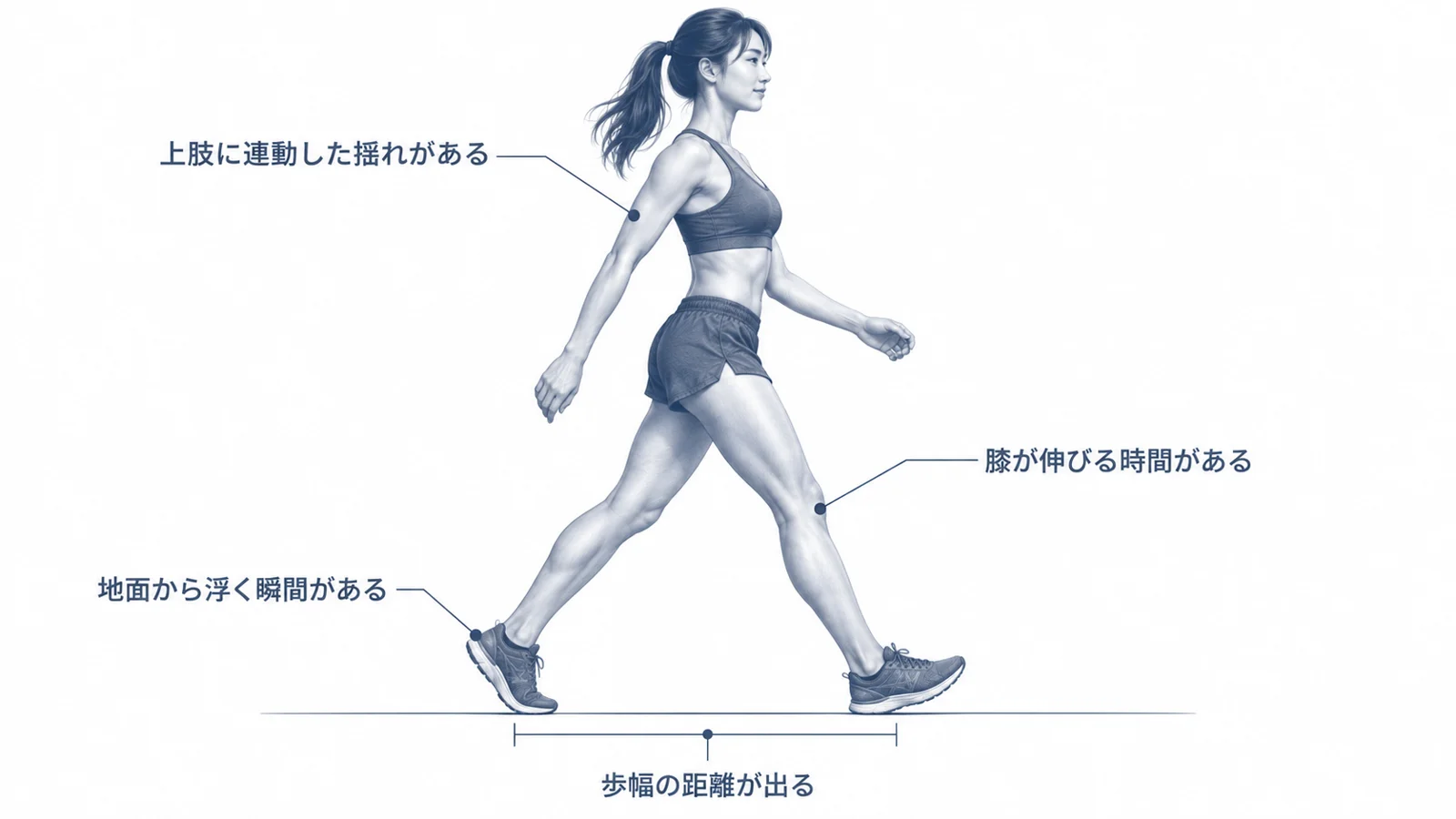 理想の歩き方の4条件：上肢に連動した揺れがある、歩幅の距離が出る、膝が伸びる時間がある、地面から浮く瞬間がある